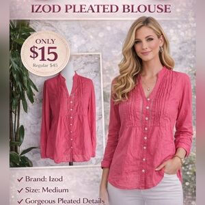 Izod Women's Pink Long Sleeve Button Down Pleated Blouse Size Medium